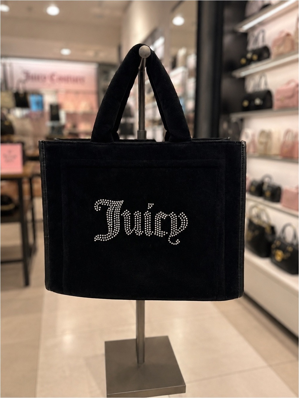 Juicy Couture Black Velour Rhinestone Logo Tote Bag Large Shopper